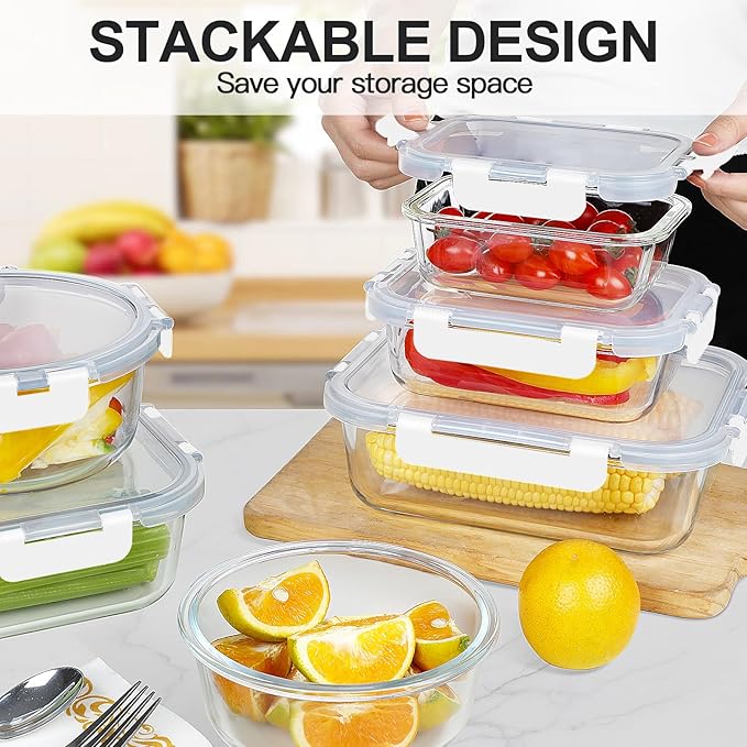 KAMOTA Glass Food Storage Containers, White Glass Meal Prep Containers, Airtight Containers with Snap-Lock Lids, Set of 12, for Microwave/Oven/Freezer/Dishwasher