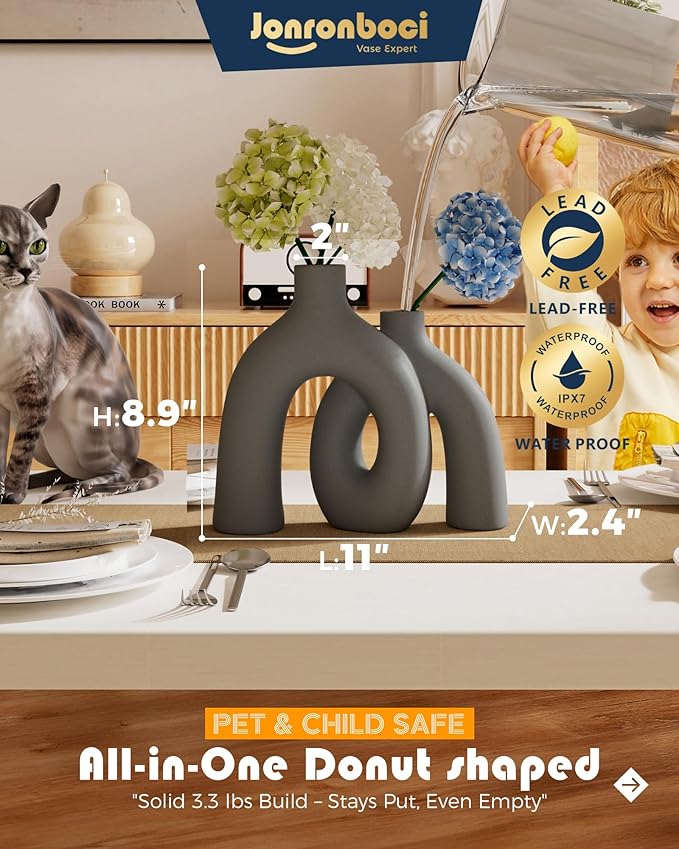 Hug Donut Decorative Vase Set - Dark Gray Modern Minimalism Industrial Style Vases Home Decor, Matte Ceramic Decorations for Living Room Shelf, Bookshelf Mantle Entryway Table or Console Décor(Gray)