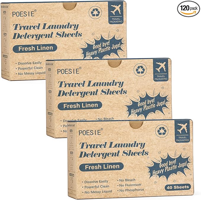 Poesie Travel Laundry Detergent Sheets 120 Sheets Liquidless Clothes Washing Strips Fresh Linen Scent (3 Pack 40 Count)