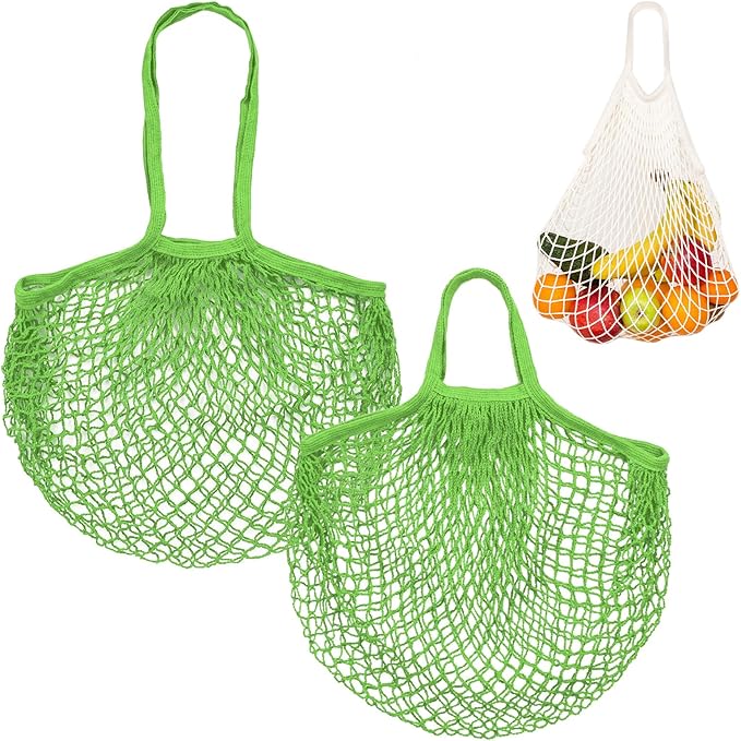 2-Pack Cotton Mesh Bag, Reusable Washable Mesh Net String Grocery Bags, Reusable Produce Bags with Handle, Net Tote Bag for Fruits/Vegetables Shopping [Green, Long&Short Handle]
