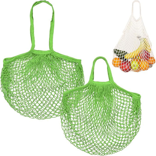 2-Pack Cotton Mesh Bag, Reusable Washable Mesh Net String Grocery Bags, Reusable Produce Bags with Handle, Net Tote Bag for Fruits/Vegetables Shopping [Green, Long&Short Handle]