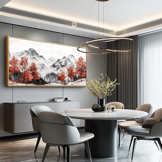 PHAOHUAXM Large Canva Wall Decor For Living Room Wood Framed Wall Art For Bedroom Office Murals Red Tree Ink-Wash Mountain Landscape Painting Pictures Modern Restaurant Room Home Decoration 30"X60"