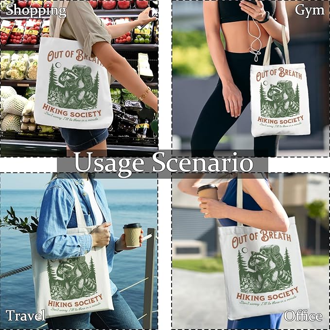 Vintage Funny Raccoon Hiking Tote Bag, Hiking Hiker Gifts for Women Canvas Tote Bags, Gifts for Raccoon Lovers, Trash Panda Hiker Reusable Grocery Shopping Bags