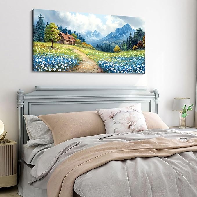CHATYOUNG Bathroom Canvas Wall Art Paintings, Blue Mountains Wild Flowers Rustic Landscape Prints Wall Pictures Large 20"X40" for Living Room Bedroom Bathroom Home Decor Gift