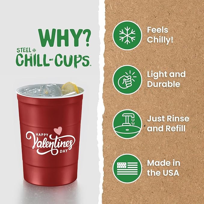 16 oz. Party Cups 'Happy Valentine's Day' Heart Design for Cold Drinks, Durable, Disposable, Recyclable, Made in USA, Red, 12 Count