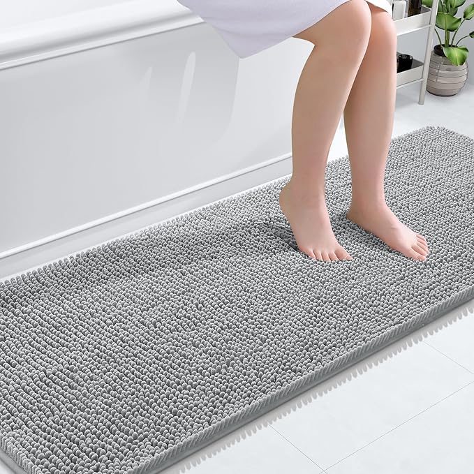 OLANLY Bathroom Rugs 70x24, Extra Soft Absorbent Chenille Bath Rugs, Rubber Backing Quick Dry, Machine Washable Bath Mats for Bathroom Floor, Tub and Shower, Home Decor Accessories, Light Grey