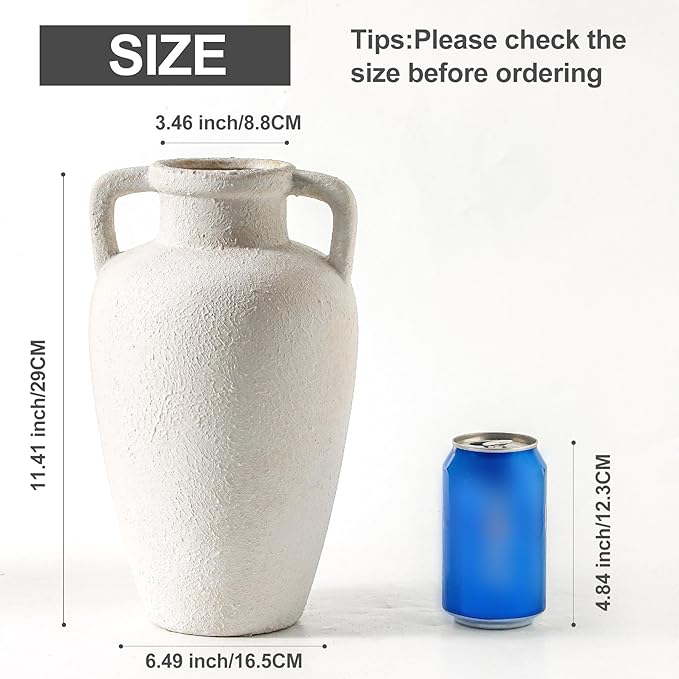 Large Ceramic Vase - 11.41 inch Tall Rustic Vase with 2 Handles, Decorative Flower Vases for Home Decor, Living Room Shelf Decor, Table Office