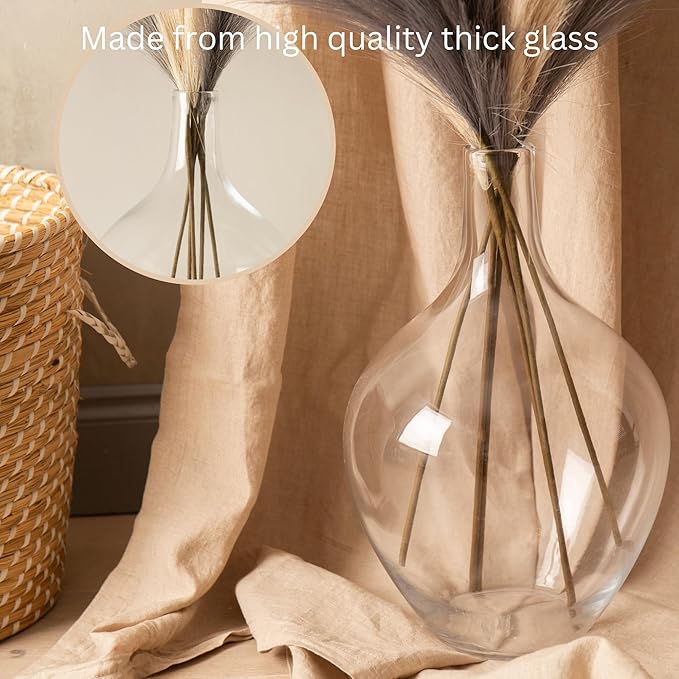 15" Tall, Large Glass Vase for Floor Decor, Big Tall Floor Vase for Pampas Grass Plants Flowers, Modern Decorative Living Room Bedroom Hallway, Clear Round Jar