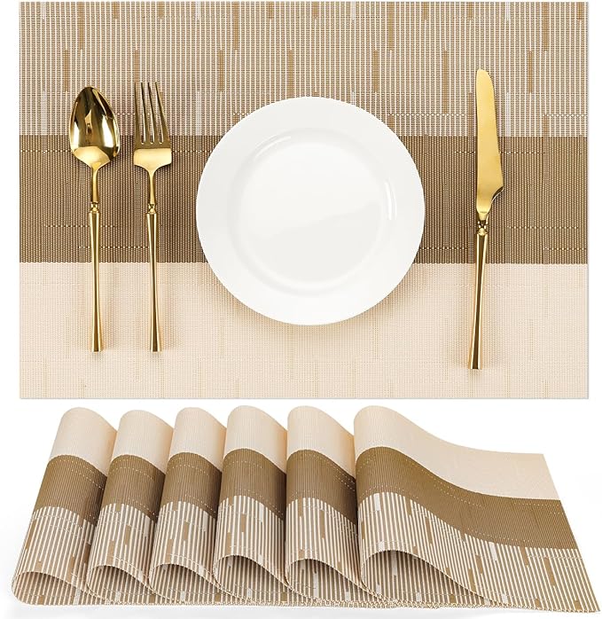 Placemats Set of 6, Vinyl Woven Place Mats Indoor Set of 6 Washable Wipeable PVC Table Mats Heat-Resistant Non Slip Placemat for Kitchen Dining Outdoor Table (Beige Light Brown, Set of 6)