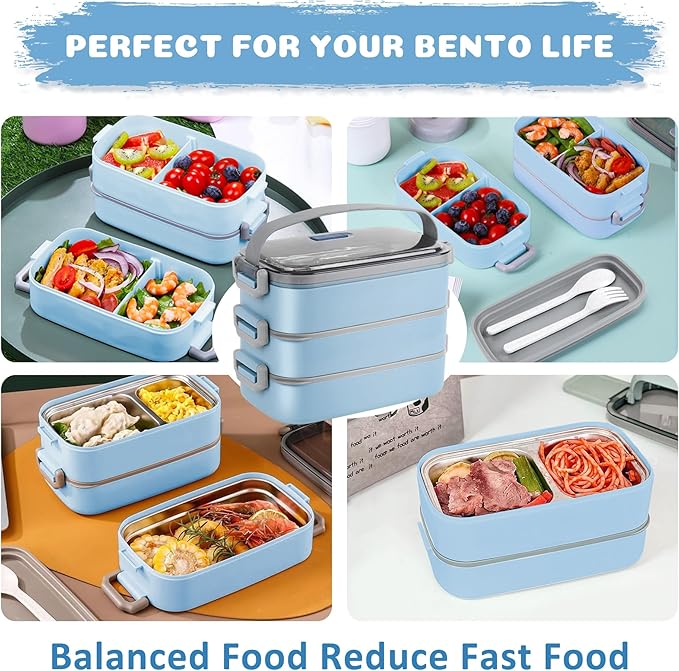 Bento Lunch Box for Kids Women Men, 47oz 2-Compartment Salad Metal Food Prep Pack Container for Lunch, Stainless Steel 3 Layers Stackable Lunch Containers with Lids for Adults and Teens Light Blue