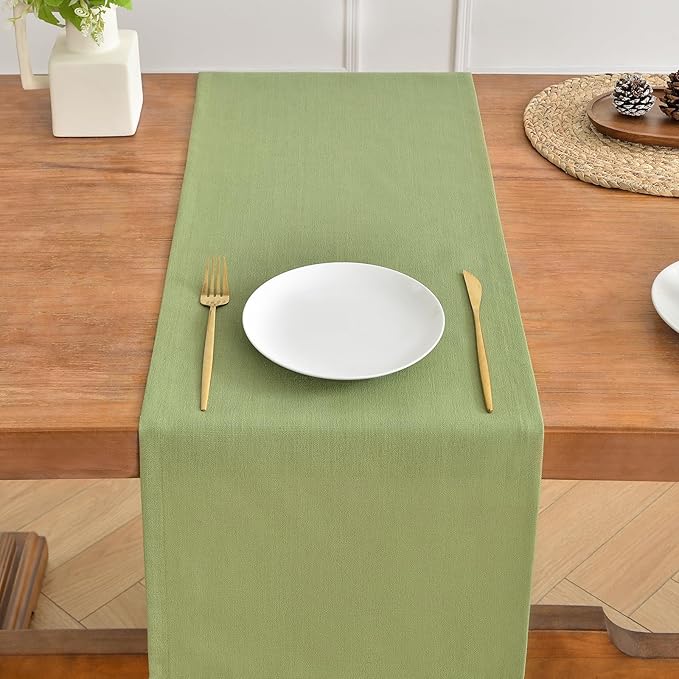 Wracra Linen Style Table Runner, Rustic Farmhouse Sage Green Table Runners 108 Inches Long, Handcrafted Table Runner for Fall, Winter - Everyday Use and Machine Washable