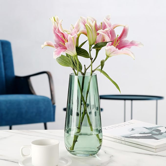 Modern Large Glass Vase H-9.8" Green Vases for Flowers, Centerpieces and Decorative Accents - Tall Plant Vase for Office Home Table Decor