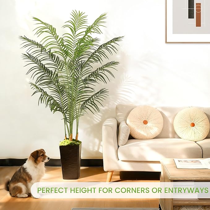 6FT Artificial Palm Tree, Tall Fake Tropical Areca Plant with Black Square Planter for Indoor Outdoor Home Decor, Realistic Faux Palm Tree for Living Room, Office, Porch, Garden