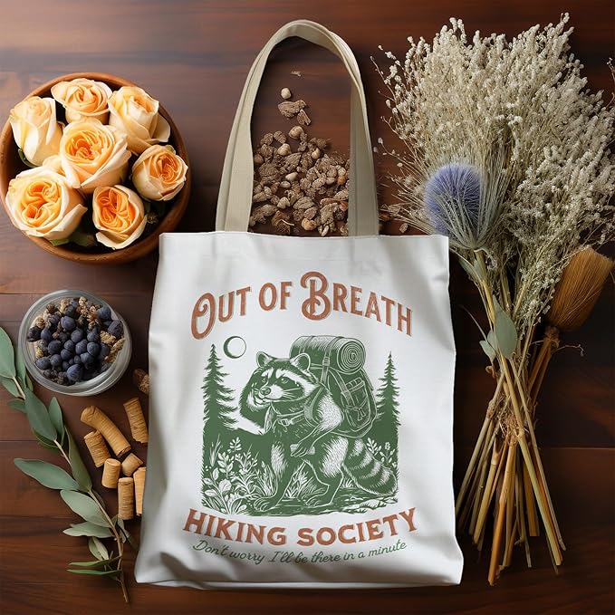 Vintage Funny Raccoon Hiking Tote Bag, Hiking Hiker Gifts for Women Canvas Tote Bags, Gifts for Raccoon Lovers, Trash Panda Hiker Reusable Grocery Shopping Bags