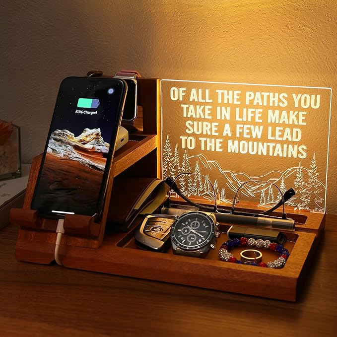 Attivolife LED Phone Dock Gift for Men with Night Light - Desk Organizer & Charging Station for Phone, Keys, Wallet, Watch - Best Father's Day Birthday Anniversary for Him, Husband, Boyfriend