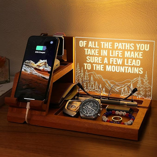 Attivolife LED Phone Dock Gift for Men with Night Light - Desk Organizer & Charging Station for Phone, Keys, Wallet, Watch - Best Father's Day Birthday Anniversary for Him, Husband, Boyfriend