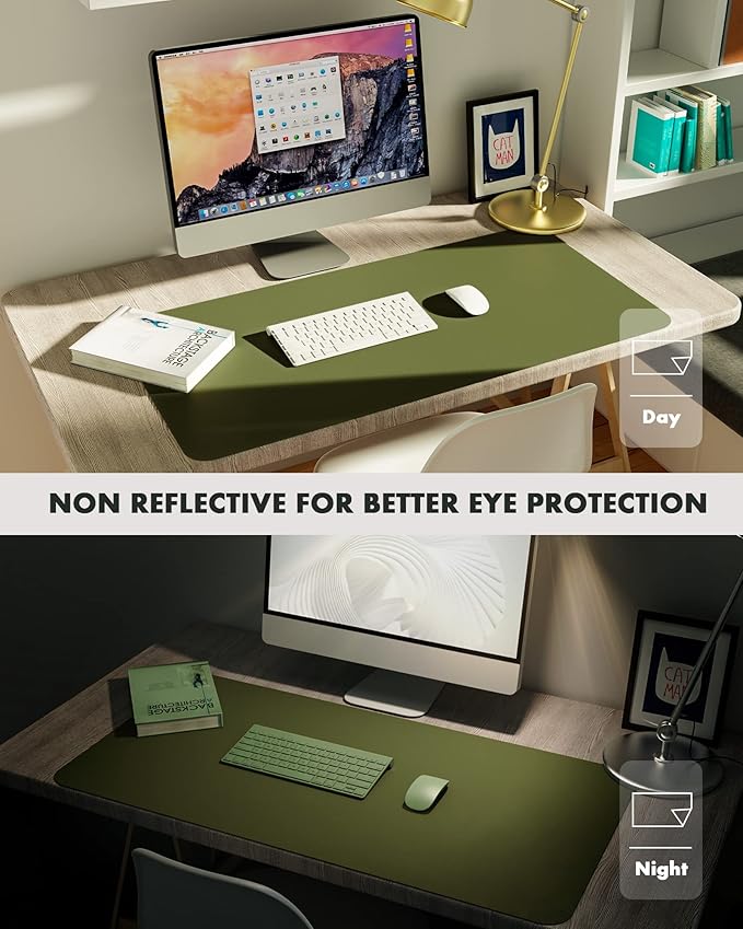 YSAGi Double-Sided Desk Pad, 35.4"x17"Leather Desk Mat, Eco Cork Desk Pad Protector,Large Mouse Pad,Waterproof Desk Blotter for Office/Home(Olive Green)