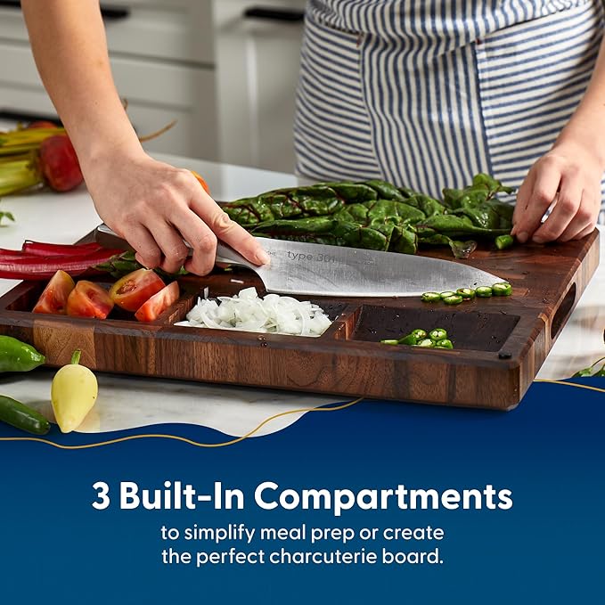 Sonder Los Angeles Alfred Cutting Board Made in USA | Black Walnut End Grain Cutting Board with Non-Slip Feet, Juice Groove, Sorting Compartments | Gift Box Included | 17x13x1.5 in