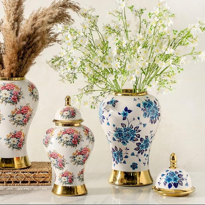 Ginger Jars for Home Decor, White Gold Ceramic Vase with Colorful Floral Pattern, Handmade Decorative Flower Vase with Lid for Home, Kitchen, Office, Table, Bookshelf, Mantle Fireplace,(12in)