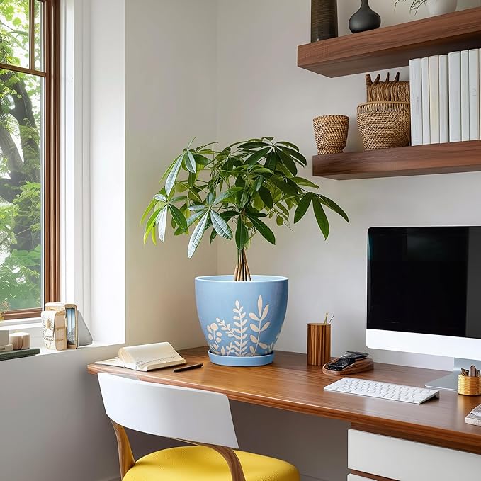 8 Inch Ceramic Plant Pot with Drainage and Saucer - Round Flower Pot for Indoor Outdoor Plants, Round Planter, Desk Office Room Home Decor, Gifts for Plant Lovers, Blue