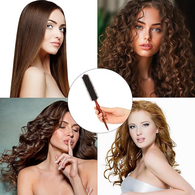 Mozeat Lens Hair Brush, Small Round Boar Bristle Styling Brush with Nylon Pins and Wooden Handle, Volumizing Hair Brush for Straightening Curling Detangling, Travel Size