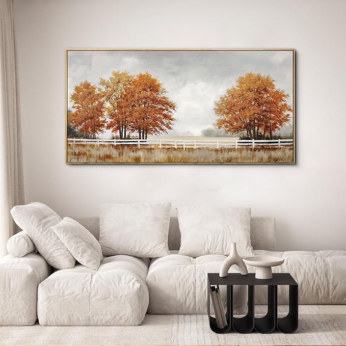 yiijeah Orange Wall Art - Large Canvas Living Room Wall Decor Fall Burnt Orange Tree Picture Ruict Landscape Poster Framed Artwork for Bedroom Office Home Decoration 48x24