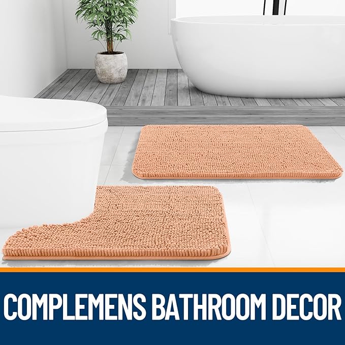 OLANLY Bathroom Rugs 24x16, Extra Soft Absorbent Chenille Bath Rugs, Rubber Backing Quick Dry, Machine Washable Bath Mats for Bathroom Floor, Tub and Shower, Home Decor Accessories, Peach
