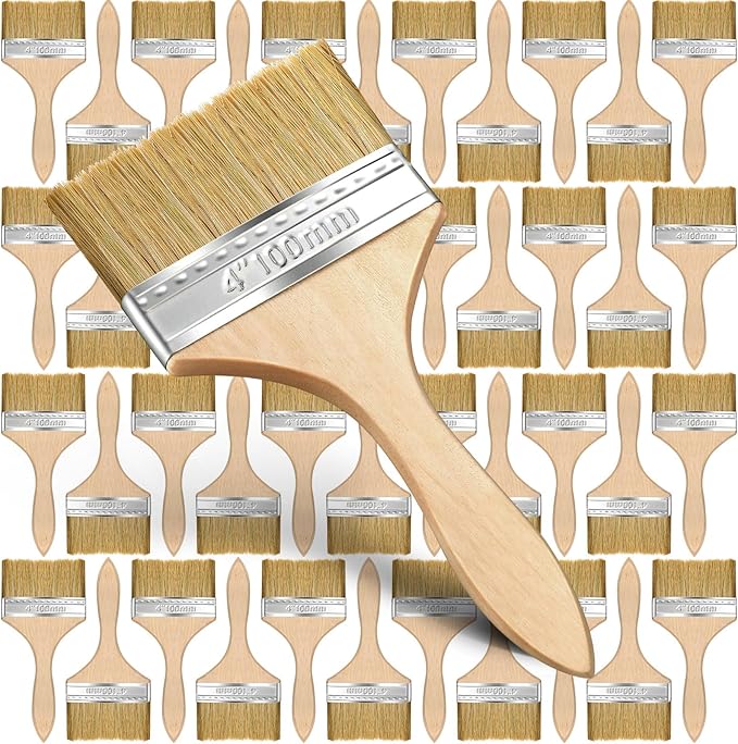 Remerry 96 Pcs 4 Inch Paint Brushes Bulk, Natural Bristle Chip Brushes with Wooden Handle, Flat Art Applicators for Wall, Furniture, Kids, Fences Details