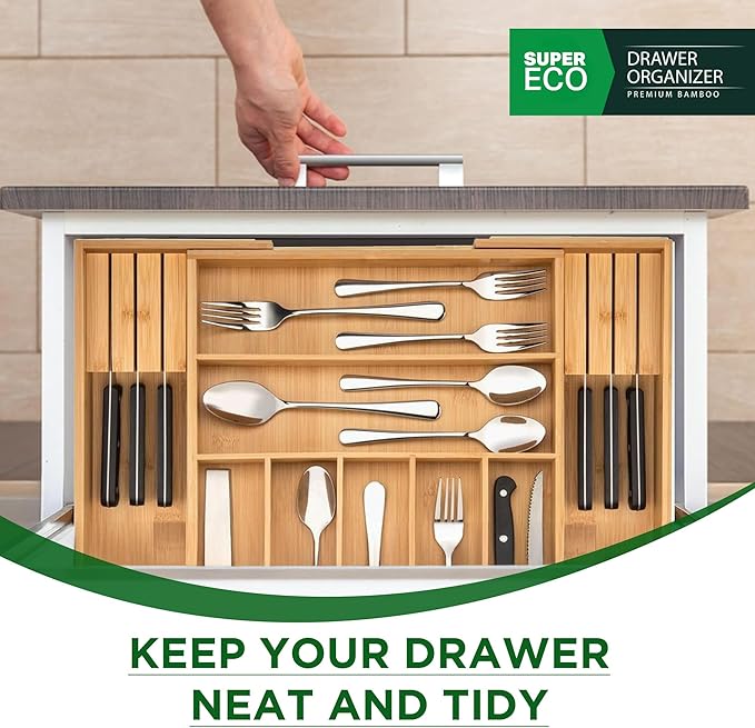 Bamboo Kitchen Drawer Organizer - Bamboo Expandable Drawer Organizer Utensil Holder & Cutlery Tray - Adjustable Wood Drawer Dividers Organizer for Silverware, Flatware, Knives (9 Slot)