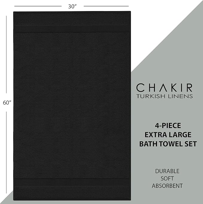 Chakir Turkish Linens | Hotel & Spa Quality 100% Cotton Luxury Turkish Towels | Soft & Absorbent (30x60 Inches Extra Large Bath Towels, Set of 4 -Black)