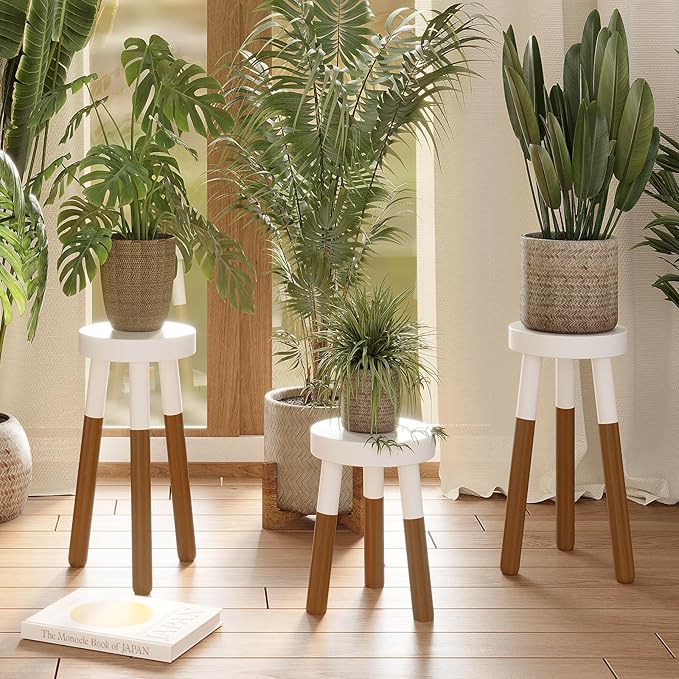 12" Reverse Dipped Wood Plant Stand, Wood Accent Stool,Milking Stool Drinking Table Small Side Table Set (18"+20" Tall)