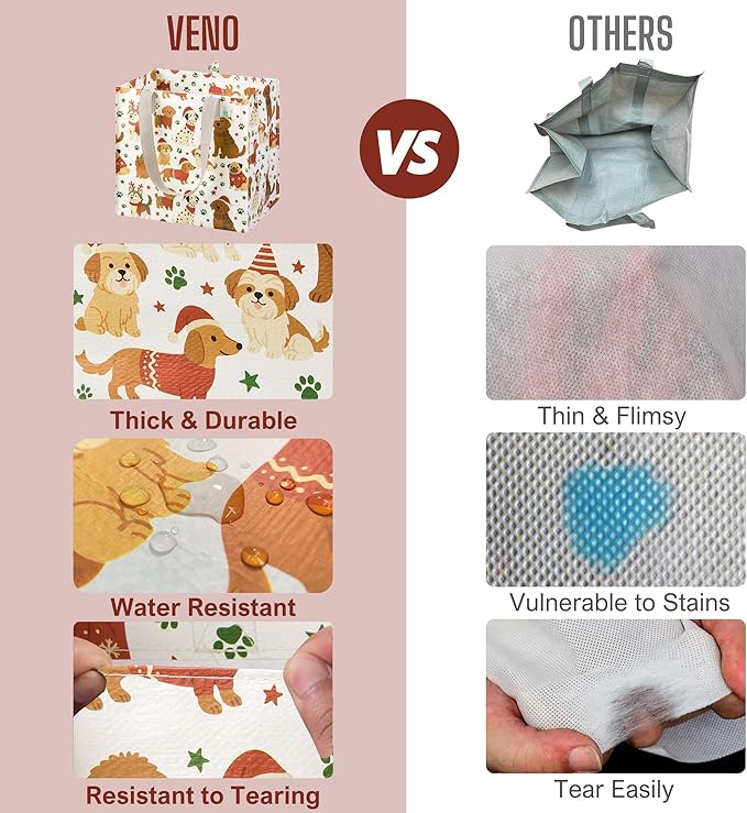 VENO 4 Pack Christmas Reusable Grocery Bags, Heavy-Duty Shopping Bags with Handles, for Shopping Cart with Hard Bottom to Stand Upright, Foldable (Holiday Pups, 4 Pack)