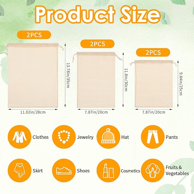 6 Packs Reusable Produce Bags, Cotton Mesh Produce Bags With Drawstring Mesh Storage Bag for Farmers Market Kitchen Vegetables Fruits Produces Storage Shopping