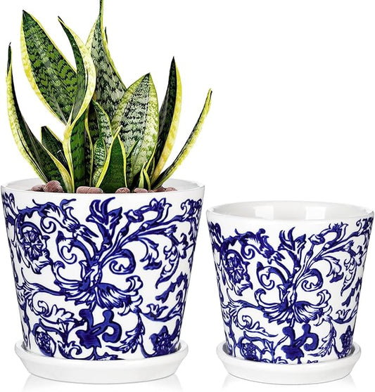 Blue and White Ceramic Planters Pots, Ceramic Flower Pots with Drainage Hole & Saucer, Indoor/Outdoor Ceramics Plant Pot for Succulents, Cactus, Flowers, Garden Home Tabletop Decor, 5+4 Inch Set of 2