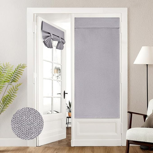 HOMEIDEAS 100% Light Gray Linen Blackout French Door Curtains, Privacy Door Window Curtains, 30 X 68 Inch Room Darkening Blinds, Thermal Insulated Shades for Bedroom, 1 Panel