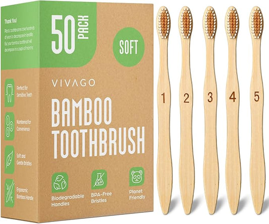 Bamboo Toothbrushes Bulk Soft Bristles (50 Pack) - Eco-Friendly, Natural Wooden Toothbrush