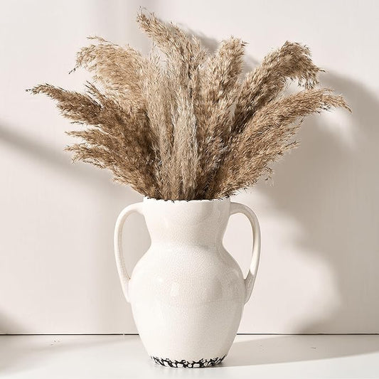 White Ceramic Rustic Vase with 2 Handles, Modern Farmhouse Round Flower Vase, Antique Decorative Vases for Home Decor, Wedding, Living Room, Shelf Decor - 8.3 Inch Tall, Ice Cracked White