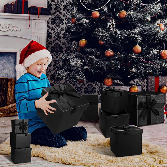 Tenceur 10 Pcs Gift Boxes with Lids Heavy Duty Nested Assorted Sizes Cardboard Gift Boxes for Presents with Ribbon for Xmas Holiday Present(Black,10 Size)