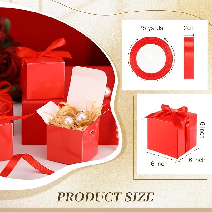 48 Pcs Christmas Gift Boxes with Ribbon Small Party Favor Boxes with Lids Mini Treat Candy Container for Wedding, Party, Birthday, Valentine's Day and More(Red,6 Inch)