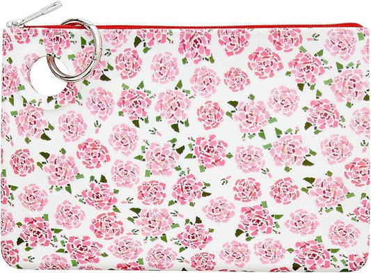 Oventure Large Silicone Pouch - Pink Peonies | Waterproof Zipper Bag & Holiday Gift for Women, Makeup & Travel