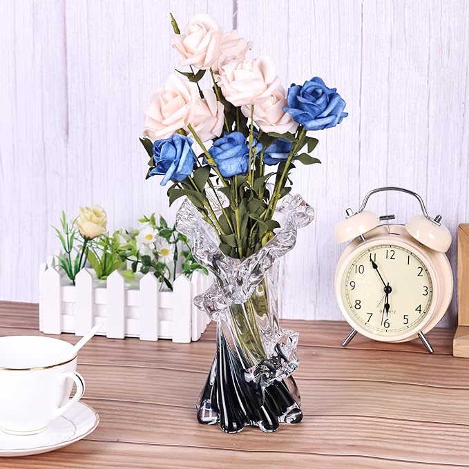 Hand Blown Blue Glass Vase, Unique Art Beautiful Ocean Glass Vase for Home Centerpiece, Coffee Table, Living Room, Office Decor - 8" H