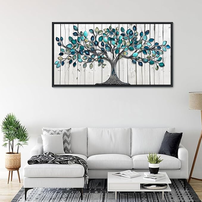 CHATYOUNG Wall Art for Living Room - Large Size 48"x24" Framed Paintings Green Tree of Life Grey White Background Modern Pictures Artwork for Bedroom Dining Room Office Kitchen Home Decor