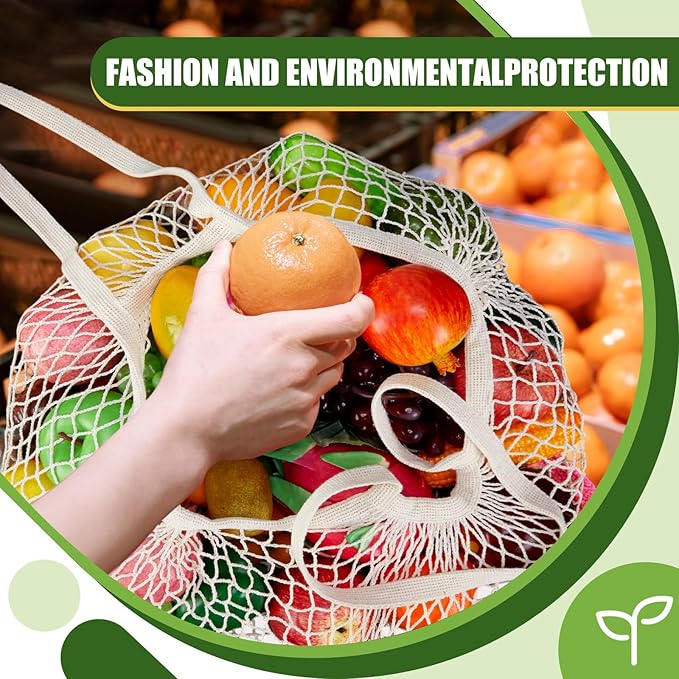 SATINIOR Large Cotton Mesh Grocery Bags 16x16x12 Inch Reusable Washable Cotton String Shopping Bags Beige Produce Containers