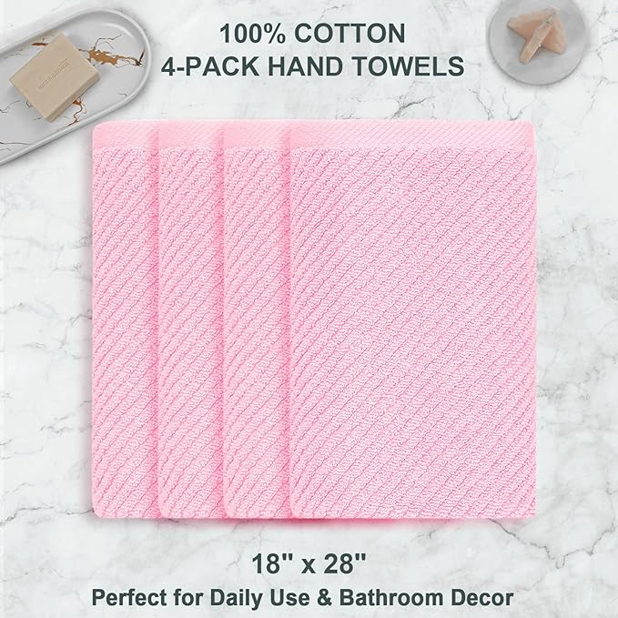 VOOVA & MOVAS Pink Bathroom Hand Towels Set of 4, Large 18" x 28" - 100% Cotton | Quick Dry | Light Weight | Thick | Soft | Absorption, Luxury Hand Towels for Showering, Bathroom Essentials Set