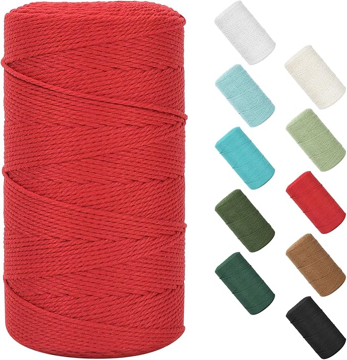 Natural Cotton Macrame Rope - 2mm x 380Yards (1140Feet), 2-Strand Twisted Macrame Cord for Wall Hanging, Plant Hangers, Crafts, Gift Wrapping & Wedding Decorations, Red