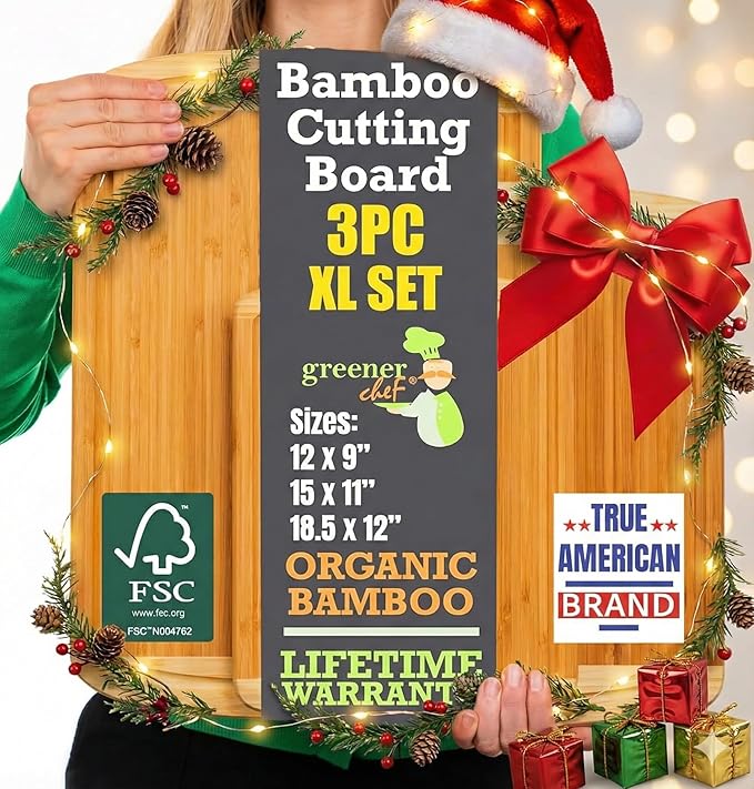Organic Bamboo Cutting Boards for Kitchen Set of 3 with Lifetime Replacements – Premium Extra Large Wood Chopping Boards with Juice Grooves for Carving & Serving, Non-Toxic & Durable by Greener Chef