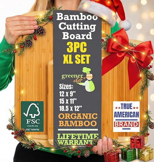 Organic Bamboo Cutting Boards for Kitchen Set of 3 with Lifetime Replacements – Premium Extra Large Wood Chopping Boards with Juice Grooves for Carving & Serving, Non-Toxic & Durable by Greener Chef
