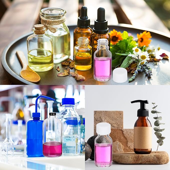 PATIKIL 0.5oz(15ml) Glass Sample Bottles, 24Pcs Round Bottle Dispensing Bottles with Black Poly Cone Cap for Reagent Liquids, Juice, Perfume Hot Sauce Ginger Shots, Transparent