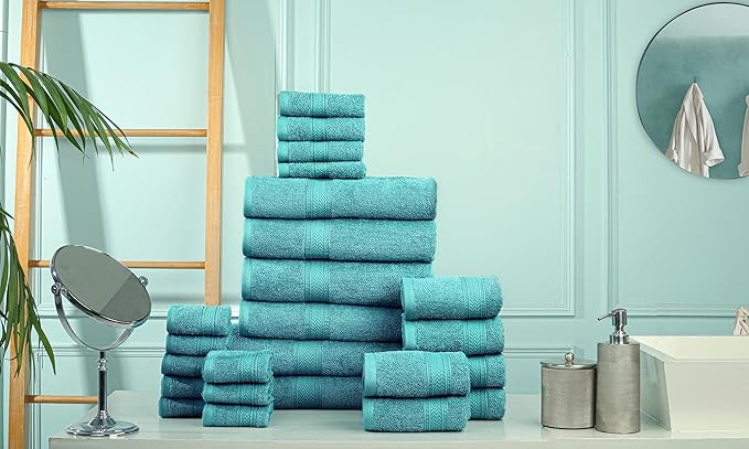 HILLFAIR 24 Piece Bath Towels Set for Bathroom- 100% Cotton 24 PC Bulk Pack Hotel Spa Towel Set- 2 XXL Oversized Big Towels, 4 Bath Towels, 6 Hand Towels, 4 Fingertip Towels, 8 Washcloths: Turquoise