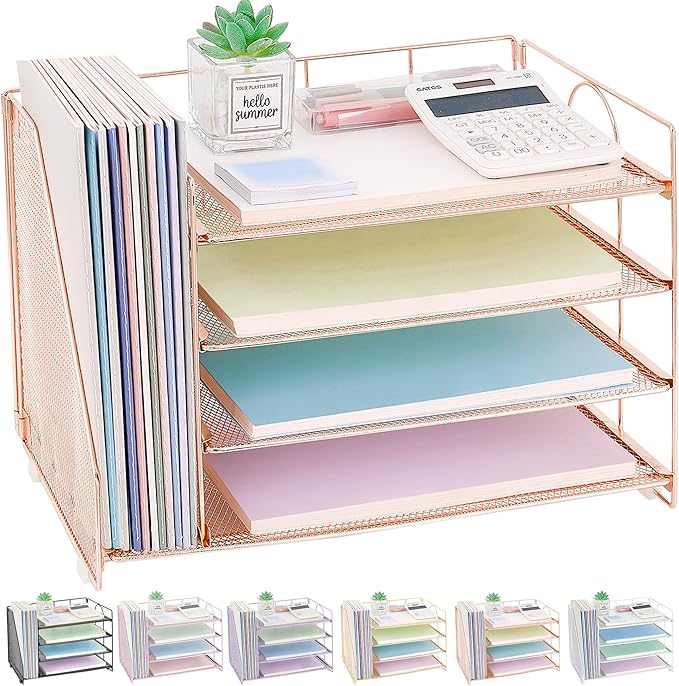 OPNICE 4-Tier Paper Organizer with Magazine Holder, Desk Organizers and Accessories, Office Desk Accessories & Workspace Organizers, Desktop File Organizer for Office Supplies Storage, Rose Gold